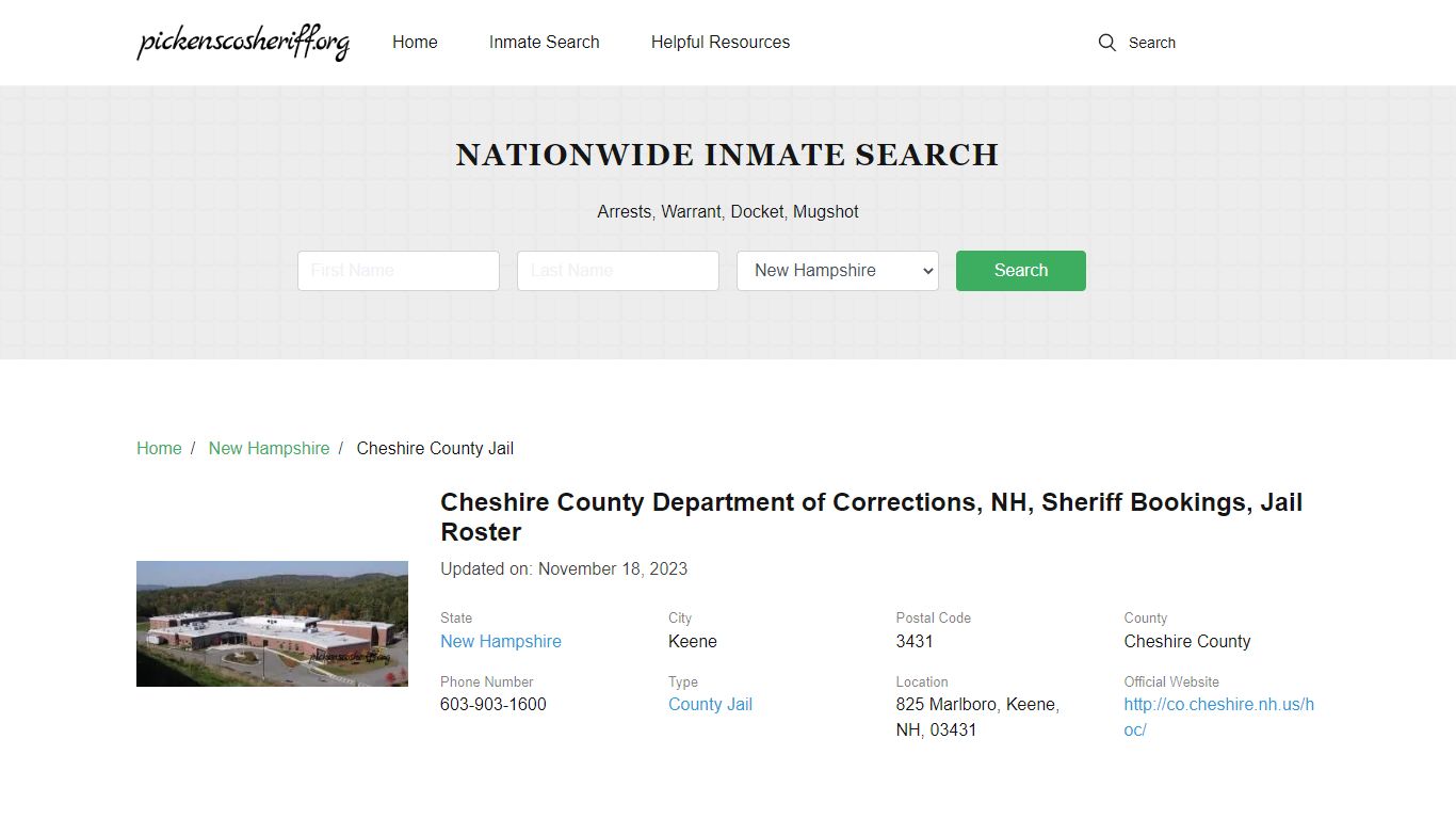 Cheshire County Department of Corrections, NH, Sheriff Bookings, Jail ...